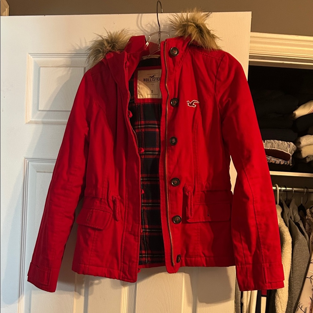 Hollister Red Jacket with Faux Fur Hood